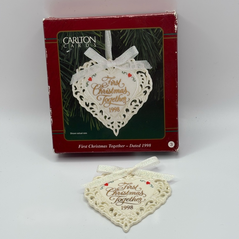 1998 Carlton Cards First Christmas Together ceramic Heart Ornament  3” with box